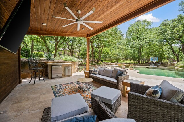 113 Welford Ln, Southlake, TX 76092 - view of patio / terrace featuring a ceiling fan, an outdoor living space, an outdoor pool, and view of scattered trees