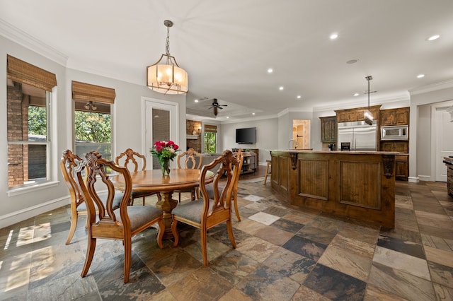 113 Welford Ln, Southlake, TX 76092 - dining room featuring crown molding, baseboards, recessed lighting, and a ceiling fan