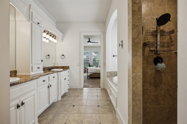 6005 Arboretum Dr, Frisco, TX 75034 - full bath with ornamental molding, a ceiling fan, tile patterned flooring, double vanity, and connected bathroom
