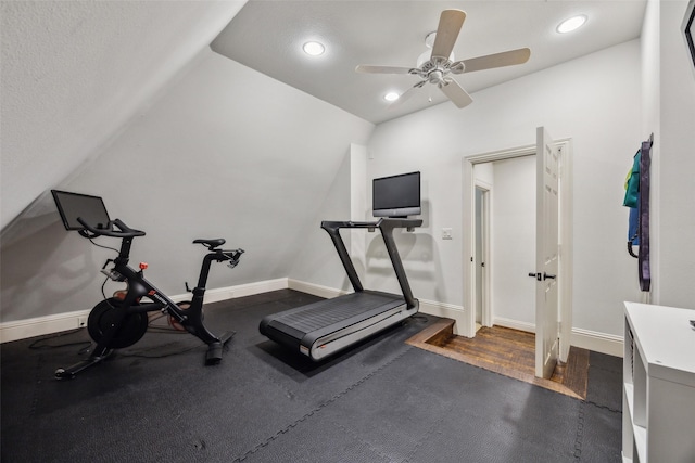 6005 Arboretum Dr, Frisco, TX 75034 - exercise room featuring vaulted ceiling, recessed lighting, baseboards, and ceiling fan