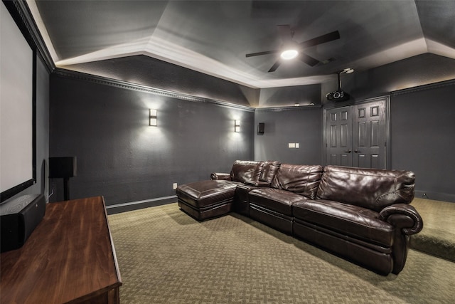 6005 Arboretum Dr, Frisco, TX 75034 - cinema room featuring carpet flooring, vaulted ceiling, a ceiling fan, and baseboards