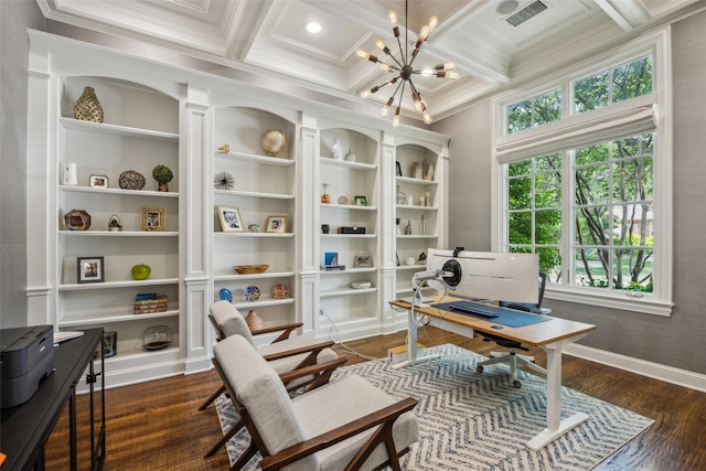 6005 Arboretum Dr, Frisco, TX 75034 - office with ornamental molding, a chandelier, dark wood finished floors, baseboards, and coffered ceiling