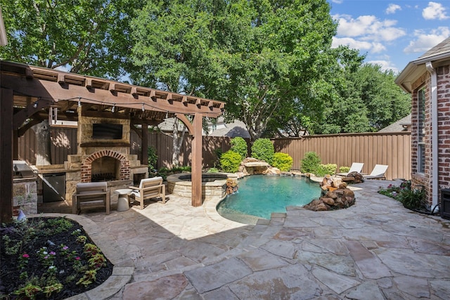 6005 Arboretum Dr, Frisco, TX 75034 - view of swimming pool with an outdoor stone fireplace, a fenced backyard, a patio area, and a pool with connected hot tub