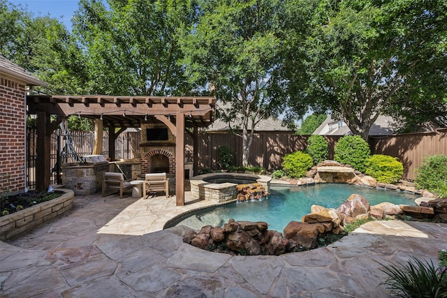 6005 Arboretum Dr, Frisco, TX 75034 - view of swimming pool with an outdoor stone fireplace, a fenced backyard, and a patio