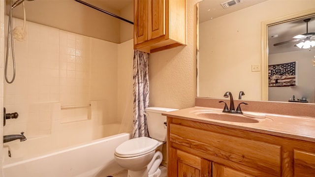 750 S First Ave, Stephenville, TX 76401 - full bath with toilet, shower / bath combo, vanity, a textured wall, and a ceiling fan