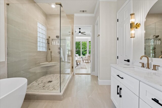 1740 Highland Meadows Dr, Prosper, TX 75078 - full bathroom featuring a ceiling fan, a shower stall, plenty of natural light, vanity, and crown molding