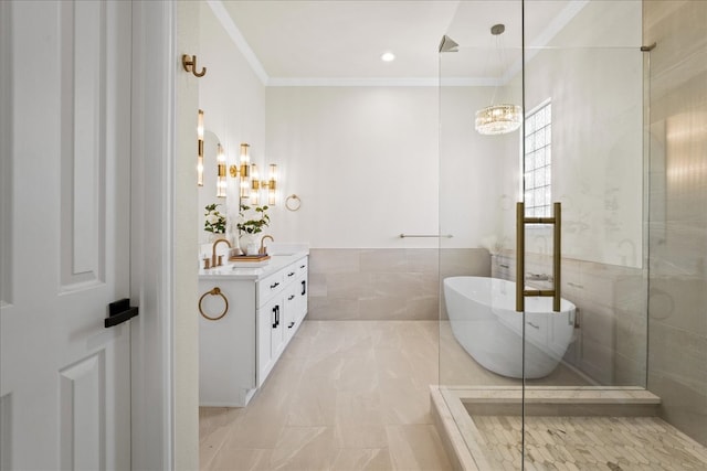 1740 Highland Meadows Dr, Prosper, TX 75078 - full bath featuring a chandelier, vanity, crown molding, a freestanding bath, and walk in shower