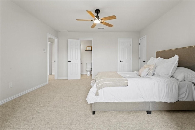 1740 Highland Meadows Dr, Prosper, TX 75078 - bedroom with light colored carpet, connected bathroom, and ceiling fan