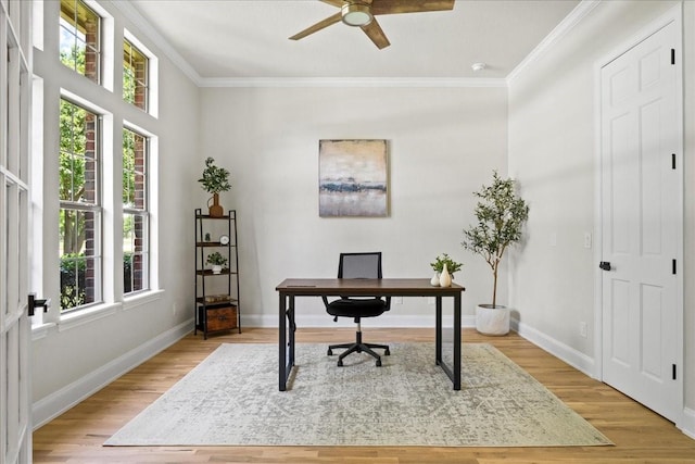 1740 Highland Meadows Dr, Prosper, TX 75078 - office space with ornamental molding, ceiling fan, and light wood-style flooring