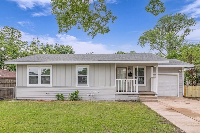 2305 Joey Dr, Waco, TX 76711 - ranch-style house featuring board and batten siding, a garage, concrete driveway, covered porch, and a shingled roof