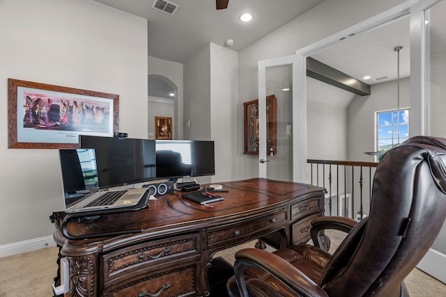 412 Appaloosa Run, Argyle, TX 76226 - office space with vaulted ceiling, ceiling fan, baseboards, arched walkways, and recessed lighting