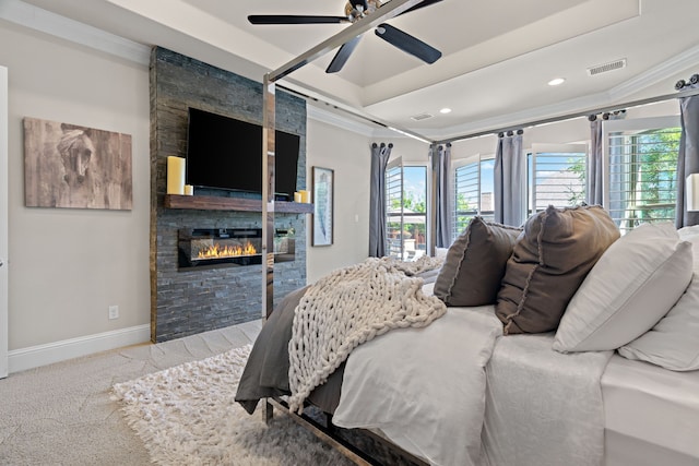 412 Appaloosa Run, Argyle, TX 76226 - carpeted bedroom with ornamental molding, recessed lighting, a stone fireplace, baseboards, and a ceiling fan