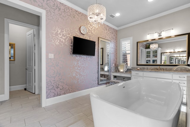 412 Appaloosa Run, Argyle, TX 76226 - full bath featuring wallpapered walls, crown molding, a chandelier, baseboards, and a freestanding bath