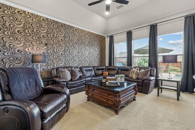 412 Appaloosa Run, Argyle, TX 76226 - carpeted living area featuring ceiling fan, plenty of natural light, and wallpapered walls