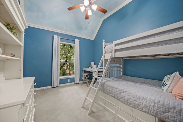 608 King Ranch Rd, Southlake, TX 76092 - bedroom with carpet flooring, lofted ceiling, baseboards, ornamental molding, and a ceiling fan