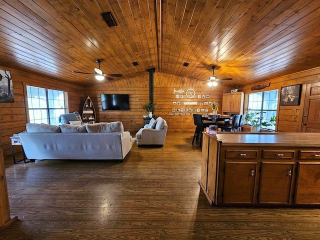2488 Fm 2138 N, Jacksonville, TX 75766 - living area featuring ceiling fan, wood ceiling, wooden walls, lofted ceiling, and dark wood-style flooring
