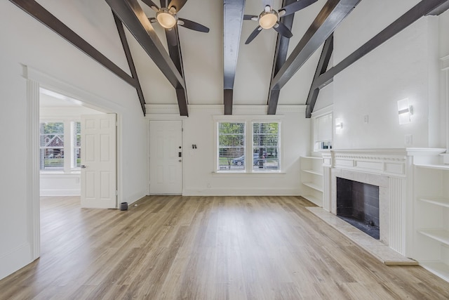 2741 Ivandell Ave, Dallas, TX 75211 - unfurnished living room with ceiling fan, high vaulted ceiling, light wood finished floors, beamed ceiling, and a premium fireplace
