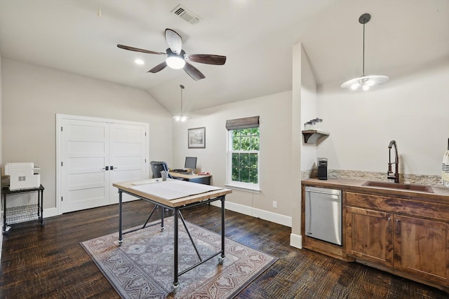 office with a sink, lofted ceiling, ceiling fan, dark wood finished floors, and baseboards