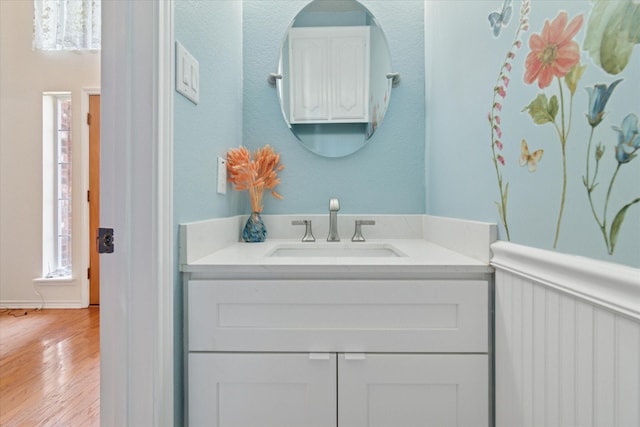bathroom featuring wood finished floors, vanity, and baseboards