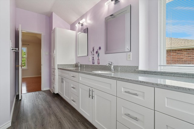bathroom with double vanity, wood finished floors, baseboards, and a textured ceiling