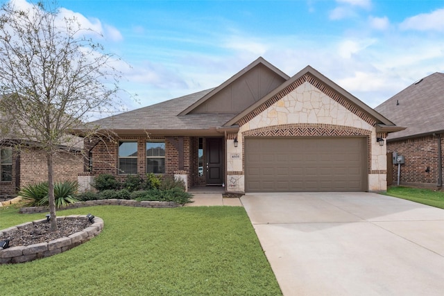 4505 Ridgehurst Ln, Fort Worth, TX 76036 - view of front of house with an attached garage, a front lawn, driveway, brick siding, and stone siding