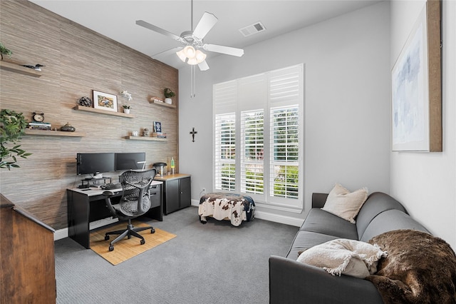 4530 Crossvine Dr, Prosper, TX 75078 - carpeted office with an accent wall, ceiling fan, and baseboards