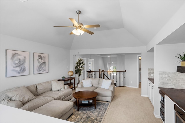 4530 Crossvine Dr, Prosper, TX 75078 - living room featuring light carpet, ceiling fan, lofted ceiling, a chandelier, and baseboards