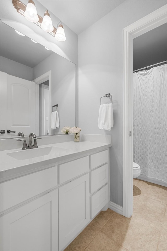 4530 Crossvine Dr, Prosper, TX 75078 - bathroom featuring vanity, toilet, tile patterned flooring, a shower with shower curtain, and baseboards