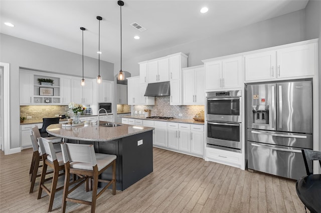 4530 Crossvine Dr, Prosper, TX 75078 - kitchen with stainless steel appliances, a sink, under cabinet range hood, tasteful backsplash, and white cabinets
