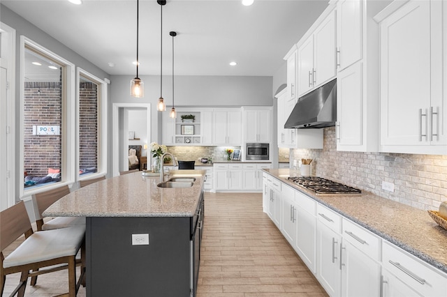 4530 Crossvine Dr, Prosper, TX 75078 - kitchen with under cabinet range hood, a sink, stainless steel appliances, open shelves, and tasteful backsplash