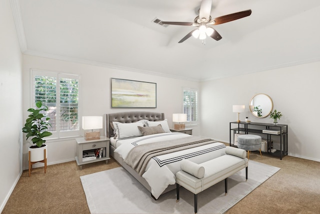 9709 Maryville Ln, Fort Worth, TX 76108 - bedroom with light colored carpet, crown molding, baseboards, and a ceiling fan
