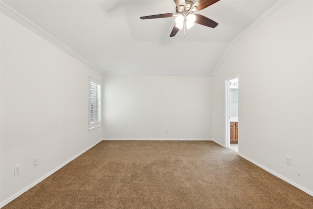 9709 Maryville Ln, Fort Worth, TX 76108 - carpeted empty room featuring ornamental molding, a ceiling fan, lofted ceiling, and baseboards