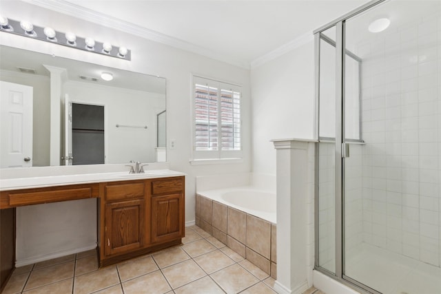 9709 Maryville Ln, Fort Worth, TX 76108 - full bathroom with a shower stall, ornamental molding, a bath, tile patterned flooring, and vanity