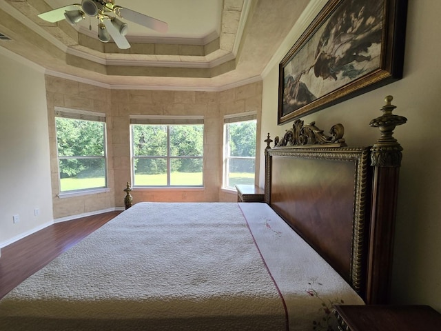 2302 Creek Crossing Dr, Corinth, TX 76210 - bedroom featuring ornamental molding, a raised ceiling, wood finished floors, multiple windows, and ceiling fan