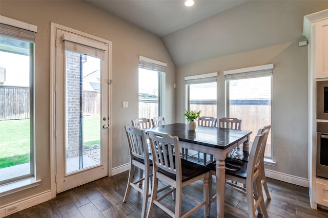 827 Esk Ave, Celina, TX 75009 - dining area featuring baseboards, dark wood-style floors, and lofted ceiling