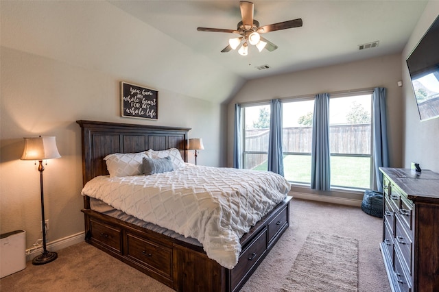 827 Esk Ave, Celina, TX 75009 - carpeted bedroom featuring baseboards, lofted ceiling, and ceiling fan