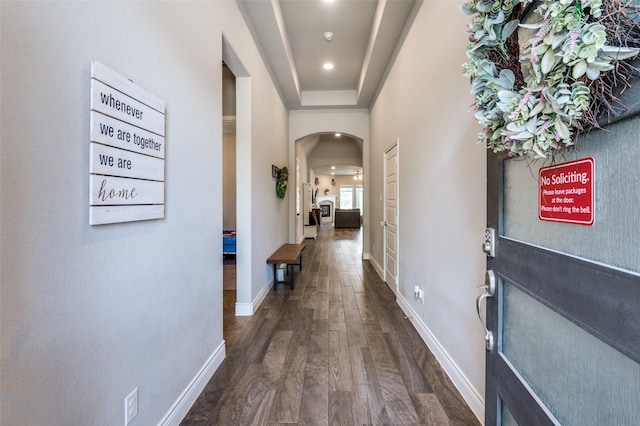 827 Esk Ave, Celina, TX 75009 - foyer with dark wood-style flooring, arched walkways, baseboards, and recessed lighting