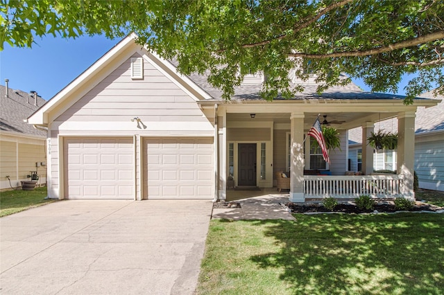 9908 Summer Sweet Dr, Mckinney, TX 75072 - view of front of property with concrete driveway, covered porch, a front yard, ceiling fan, and an attached garage
