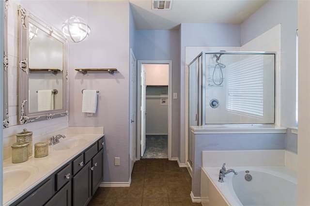 9908 Summer Sweet Dr, Mckinney, TX 75072 - bathroom with a stall shower, double vanity, a garden tub, tile patterned floors, and baseboards