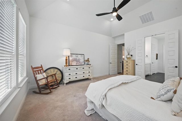 513 Fieldstone Ln, Haslet, TX 76052 - bedroom with carpet floors, baseboards, high vaulted ceiling, a ceiling fan, and ensuite bathroom