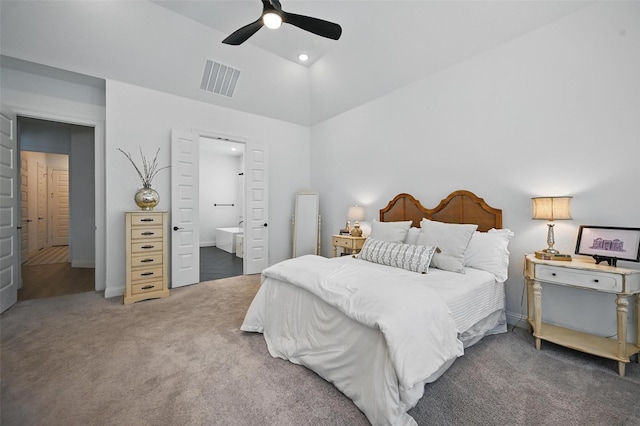 513 Fieldstone Ln, Haslet, TX 76052 - carpeted bedroom with ensuite bath, ceiling fan, and recessed lighting
