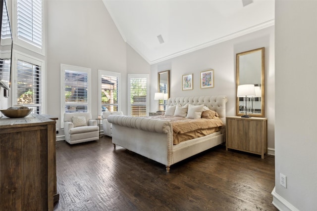 11353 Seaside Ln, Frisco, TX 75035 - bedroom with ornamental molding, dark wood finished floors, multiple windows, high vaulted ceiling, and baseboards