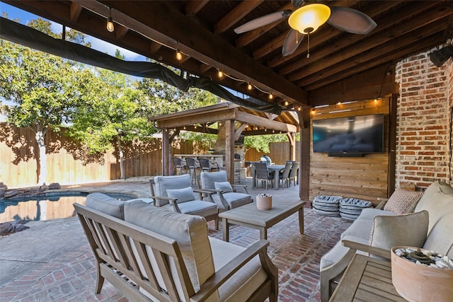 11353 Seaside Ln, Frisco, TX 75035 - view of patio featuring an outdoor living space, a fenced backyard, a ceiling fan, and outdoor dining space