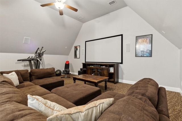 11353 Seaside Ln, Frisco, TX 75035 - cinema room with lofted ceiling, ceiling fan, carpet, and baseboards
