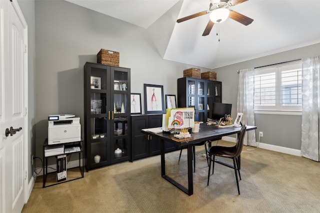 11353 Seaside Ln, Frisco, TX 75035 - office area featuring lofted ceiling, carpet floors, baseboards, and ceiling fan