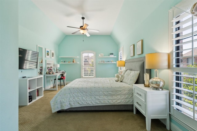 11353 Seaside Ln, Frisco, TX 75035 - bedroom featuring carpet floors, vaulted ceiling, and a ceiling fan