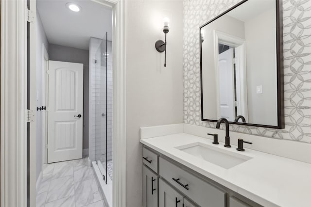 11353 Seaside Ln, Frisco, TX 75035 - bathroom with marble finish floors, vanity, tiled shower, and recessed lighting
