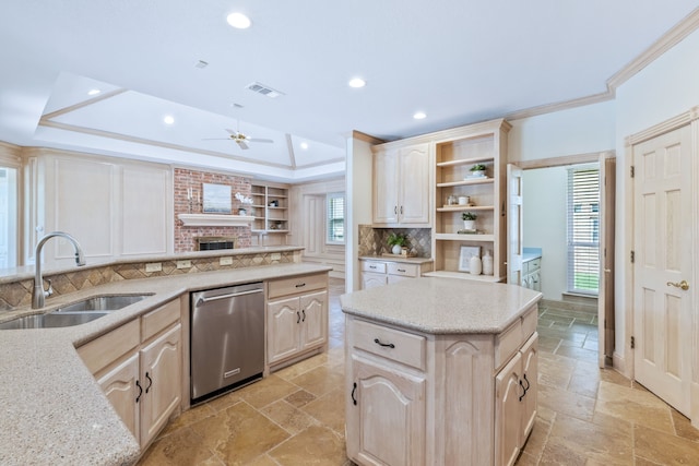 3441 Mount Vernon Way, Plano, TX 75025 - kitchen featuring stainless steel dishwasher, a sink, stone tile flooring, a tray ceiling, and recessed lighting