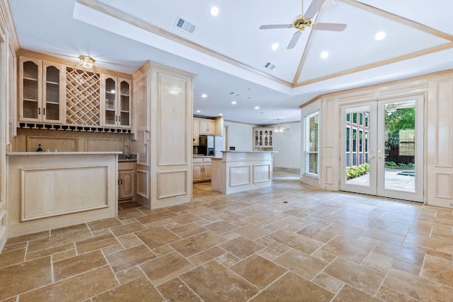 3441 Mount Vernon Way, Plano, TX 75025 - unfurnished living room featuring ceiling fan, stone tile flooring, french doors, recessed lighting, and bar