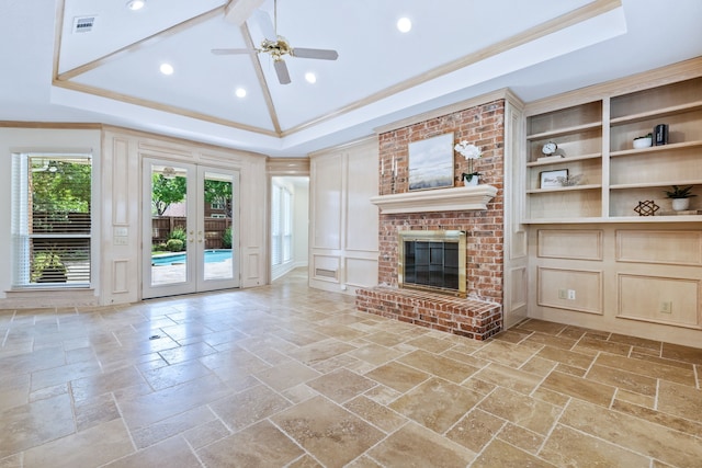 3441 Mount Vernon Way, Plano, TX 75025 - unfurnished living room with stone tile flooring, a tray ceiling, ornamental molding, ceiling fan, and recessed lighting